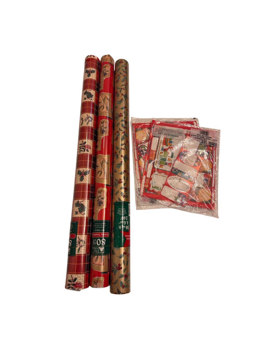 3 Rolls Y2K Vtg Christmas Wrapping Paper 50 sqft Rolls w/ Gift Tags New